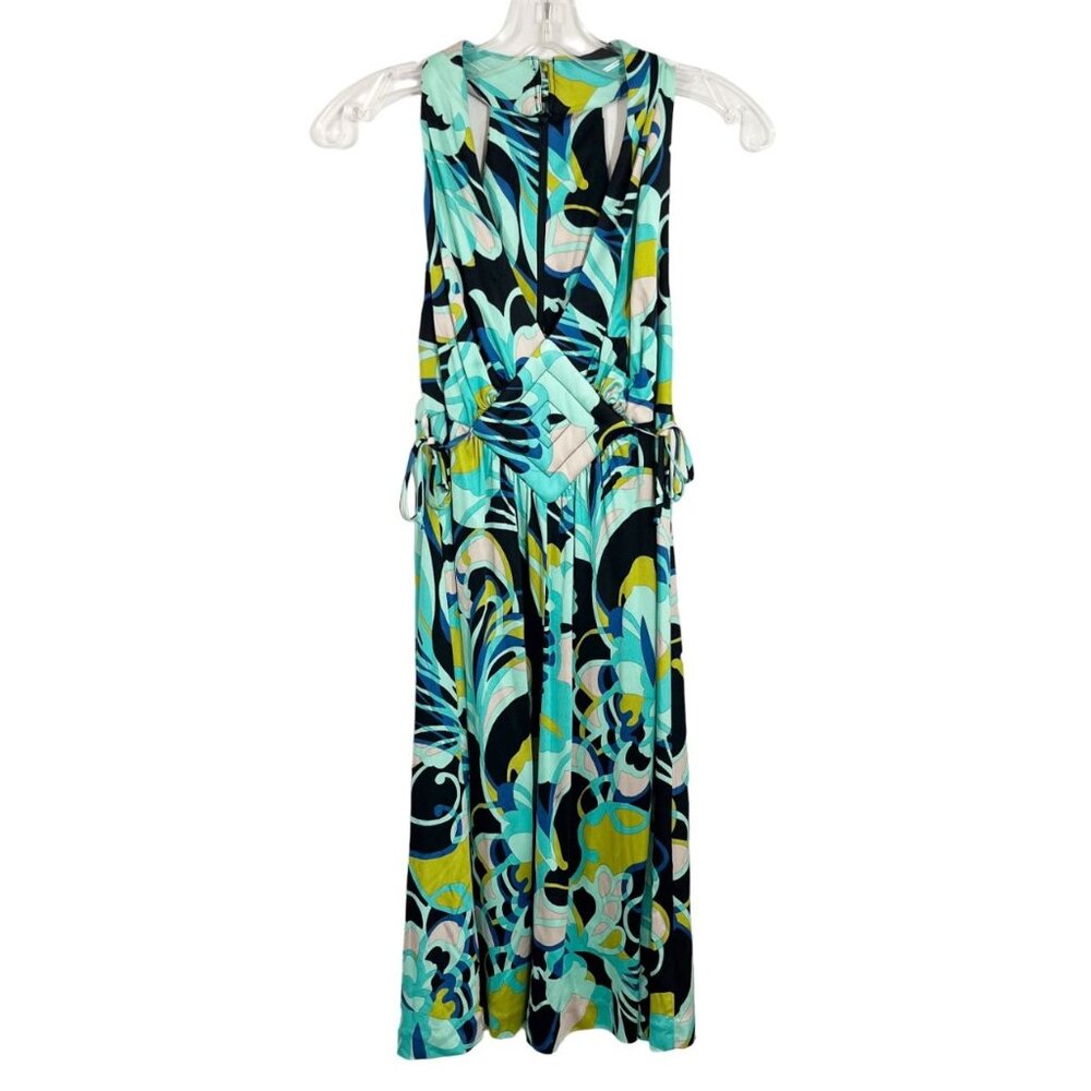 Trina Turk‎ Green Multicolor Print V-Neck A-Line Silk Dress Racerback - Size 8